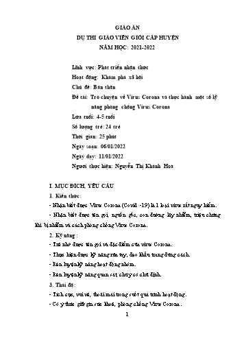 Giáo án Mầm non Lớp Chồi - Chủ đề: Bản thân - Đề tài: Trò chuyện về Virus Corona và thực hành một số kỹ năng phòng chống Virus Corona - Năm học 2021-2022 - Nguyễn Thị Khánh Hoà