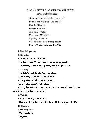 Giáo án Mầm non Lớp Lá - Chủ đề: Động vật - Đề tài: Hát vận động “Con cào cào” - Năm học 2022-2023 - Dương Thị Hà