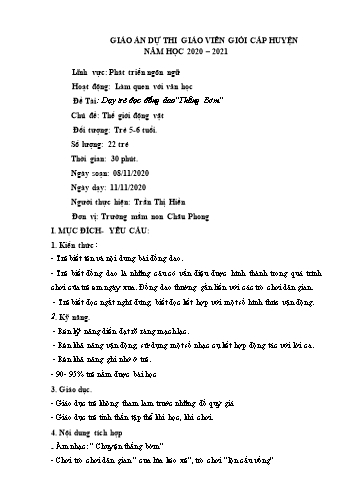 Giáo án Mầm non Lớp Lá - Chủ đề: Thế giới động vật - Đề tài: Dạy trẻ đọc đồng dao“Thằng Bờm” - Năm học 2020-2021 - Trần Thị Hiền