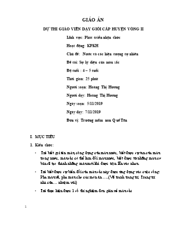 Giáo án Mầm non Lớp Chồi - Chủ đề: Nước và các hiện tượng tự nhiên - Đề tài: Sự kỳ diệu của màu sắc - Năm học 2019-2020 - Hoàng Thị Hương