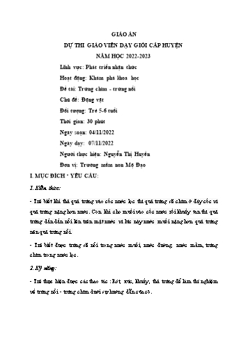 Giáo án Mầm non Lớp Lá - Chủ đề: Động vật - Đề tài: Trứng chìm-trứng nổi - Năm học 2022-2023 - Nguyễn Thị Huyền