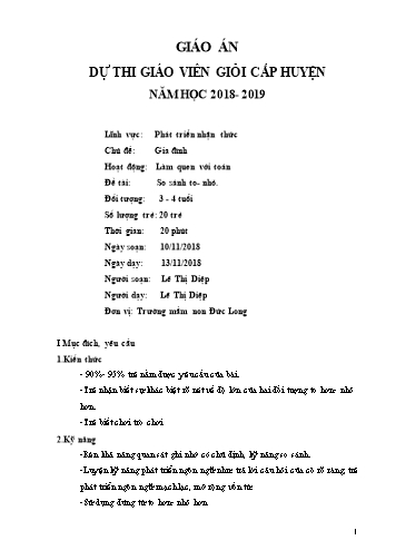 Giáo án Mầm non Lớp Mầm - Chủ đề: Gia đình - Đề tài: So sánh to-nhỏ - Năm học 2018-2019 - Lê Thị Diệp