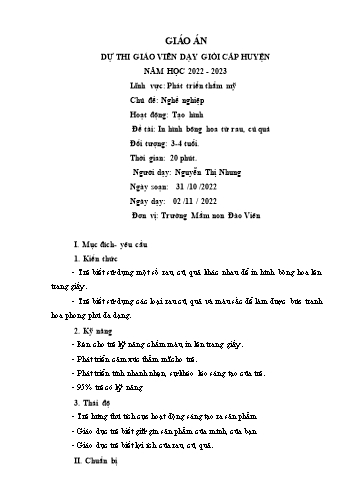 Giáo án Mầm non Lớp Mầm - Chủ đề: Nghề nghiệp - Đề tài: In hình bông hoa từ rau, củ quả - Năm học 2022-2023 - Nguyễn Thị Nhung