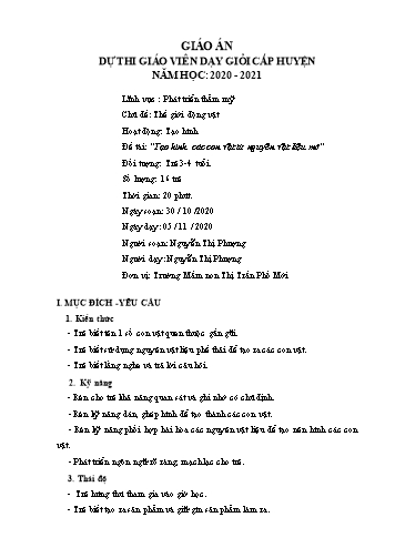 Giáo án Mầm non Lớp Mầm - Chủ đề: Thế giới động vật - Đề tài: “Tạo hình các con vật từ nguyên vật liệu mở” - Năm học 2020-2021 - Nguyễn Thị Phượng