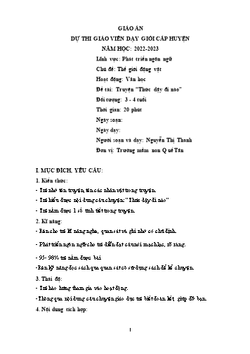 Giáo án Mầm non Lớp Mầm - Chủ đề: Thế giới động vật - Đề tài: Truyện “Thức dậy đi nào” - Năm học 2022-2023 - Nguyễn Thị Thanh
