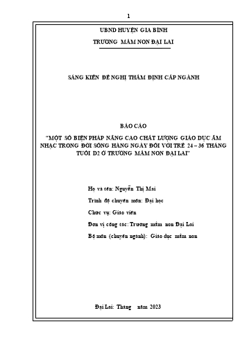 Sáng kiến kinh nghiệm Một số biện nâng cao chất lượng giáo dục âm nhạc trong đời sống hàng ngày đối với trẻ 24 – 36 tháng tuổi D2 ở trường Mầm non Đại Lai