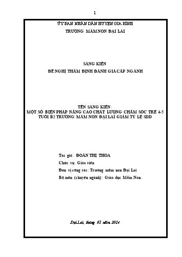Sáng kiến kinh nghiệm Một số biện pháp nâng cao chất lượng chăm sóc trẻ 4-5 tuổi B2 trường Mầm non Đại Lai giảm tỷ lệ SDD