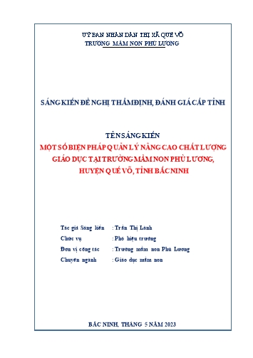 Sáng kiến kinh nghiệm Một số biện pháp quản lý nâng cao chất lượng giáo dục tại trường Mầm non Phù Lương, huyện Quế Võ, tỉnh Bắc Ninh