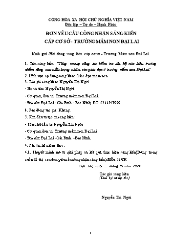 Sáng kiến kinh nghiệm Tăng cường công tác kiểm tra nội bộ của hiệu trưởng nhằm nâng cao chất lượng chăm sóc giáo dục ở trường Mầm non Đại Lai