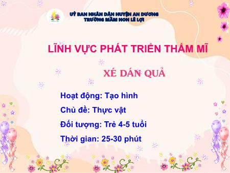 Bài giảng Mầm non Lớp Chồi - Hoạt động: Tạo hình - Chủ đề: Thực vật - Xé dán quả - Trường Mầm non Lê Lợi