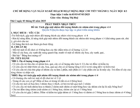 Giáo án Mầm non Lớp Chồi - Chủ đề: Động vật - Nhánh 2: Ngày hội 8/3 - Năm học 2024-2025 - Hoàng Thị Huệ