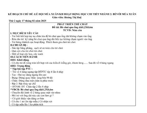 Giáo án Mầm non Lớp Chồi - Chủ đề: Lễ hội mùa xuân - Nhánh 2: Bé với mùa xuân - Năm học 2024-2025 - Hoàng Thị Huệ