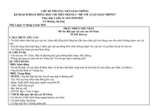 Giáo án Mầm non Lớp Chồi - Chủ đề: Phương tiện giao thông - Nhánh 3: Bé với luật giao thông - Năm học 2024-2025 - Hoàng Thị Huệ
