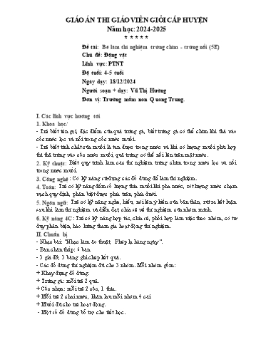 Giáo án Mầm non Lớp Chồi - Đề tài: Bé làm thí nghiệm trứng chìm - Trứng nổi - Chủ đề: Động vật - Phát triển nhận thức - Vũ Thị Hường