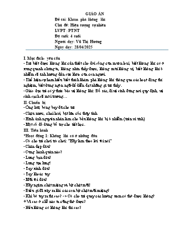 Giáo án Mầm non Lớp Chồi - Đề tài: Khám phá không khí - Chủ đề: Hiện tượng tự nhiên - Phát triển nhận thức - Năm học 2024-2025 - Vũ Thị Hường
