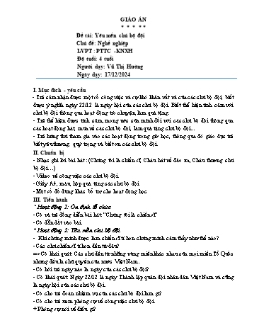 Giáo án Mầm non Lớp Chồi - Đề tài: Yêu mến chú bộ đội - Chủ đề: Nghề nghiệp - Phát triển thể chất - Năm học 2024-2025 - Vũ Thị Hường