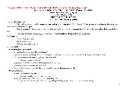 Giáo án Mầm non Lớp Chồi - Đồ dùng thông minh - Lĩnh vực phát triển nhận thức - Tìm hiểu cái quạt mát - Năm học 2023-2024 - Lại Thị Nguyệt