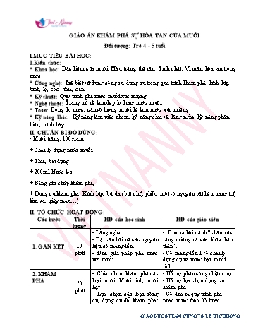 Giáo án Mầm non Lớp Chồi - Khám phá sự hào tan của muối