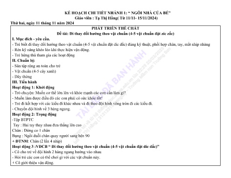 Giáo án Mầm non Lớp Chồi - Nhánh 1: Ngôi nhà của bé - Năm học 2024-2025 - Tạ Thị Hằng