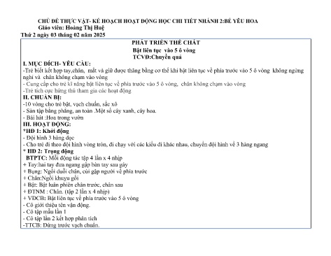 Giáo án Mầm non Lớp Chồi - Nhánh 2: Bé yêu hoa - Năm học 2024-2025 - Hoàng Thị Huệ