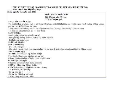 Giáo án Mầm non Lớp Chồi - Nhánh 2: Bé yêu hoa - Năm học 2024-2025 - Phạm Thị Hồng Nhạn