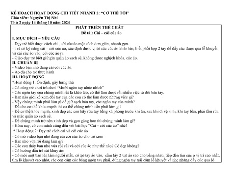 Giáo án Mầm non Lớp Chồi - Nhánh 2: Cơ thể tôi - Năm học 2024-2025 - Nguyễn Thị Nhi