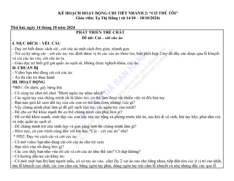 Giáo án Mầm non Lớp Chồi - Nhánh 2: Cơ thể tôi - Năm học 2024-2025 - Tạ Thị Hằng