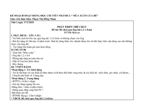 Giáo án Mầm non Lớp Chồi - Nhánh 2: Mùa xuân của bé - Năm học 2024-2025 - Phạm Thị Hồng Nhạn