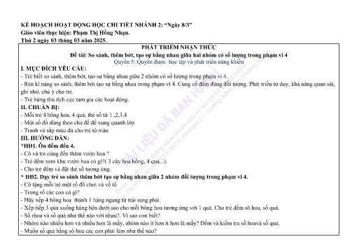 Giáo án Mầm non Lớp Chồi - Nhánh 2: Ngày 8/3 - Năm học 2024-2025 - Phạm Thị Hồng Nhạn
