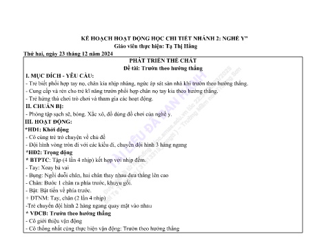 Giáo án Mầm non Lớp Chồi - Nhánh 2: Nghề y - Năm học 2024-2025 - Tạ Thị Hằng