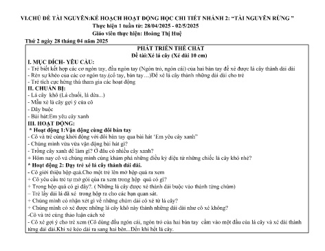 Giáo án Mầm non Lớp Chồi - Nhánh 2: Tài nguyên rừng - Năm học 2024-2025 - Hoàng Thị Huệ