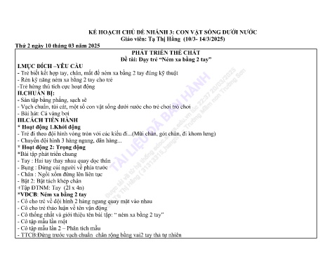 Giáo án Mầm non Lớp Chồi - Nhánh 3: Con vật sống dưới nước - Năm học 2024-2025 - Tạ Thị Hằng