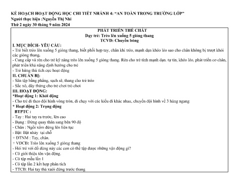 Giáo án Mầm non Lớp Chồi - Nhánh 4: An toàn trong trường lớp - Năm học 2024-2025 - Nguyễn Thị Nhi