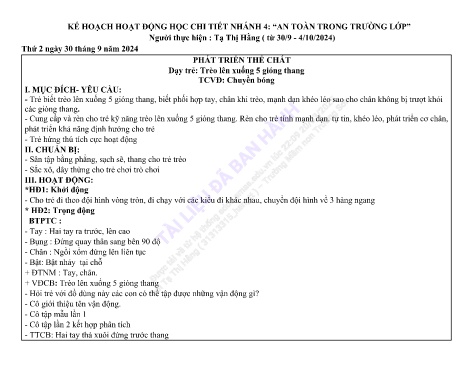 Giáo án Mầm non Lớp Chồi - Nhánh 4: An toàn trong trường lớp - Năm học 2024-2025 - Tạ Thị Hằng