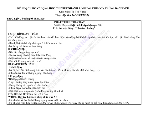 Giáo án Mầm non Lớp Chồi - Nhánh 5: Những chú cô trùng đáng yêu - Năm học 2024-2025 - Tạ Thị Hằng