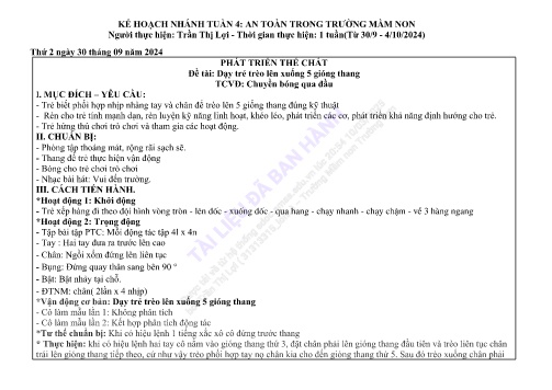 Giáo án Mầm non Lớp Chồi - Nhánh: An toàn trong trường mầm non - Năm học 2024-2025 - Trần Thị Lợi