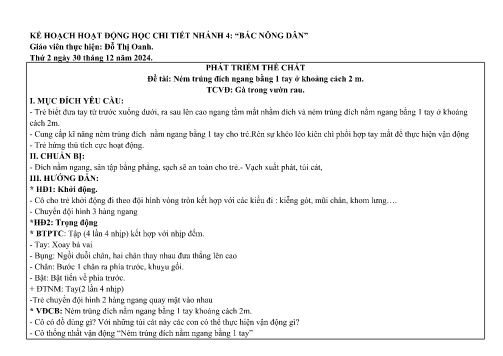 Giáo án Mầm non Lớp Chồi - Nhánh: Bác nông dân - Năm học 2024-2025 - Đỗ Thị Oanh