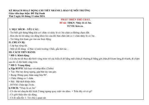 Giáo án Mầm non Lớp Chồi - Nhánh: Bảo vệ môi trường - Năm học 2024-2025 - Đỗ Thị Oanh