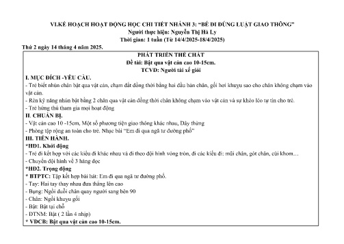 Giáo án Mầm non Lớp Chồi - Nhánh: Bé đi đúng luật giao thông - Năm học 2024-2025 - Nguyễn Thị Hà Ly