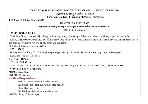 Giáo án Mầm non Lớp Chồi - Nhánh: Bé với đường bộ - Năm học 2024-2025 - Nguyễn Thị Hà Ly