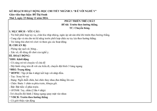 Giáo án Mầm non Lớp Chồi - Nhánh: Bé với nghề y - Năm học 2024-2025 - Đỗ Thị Oanh