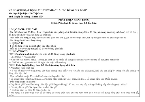 Giáo án Mầm non Lớp Chồi - Nhánh: Đồ dùng gia đình - Năm học 2024-2025 - Đỗ Thị Oanh