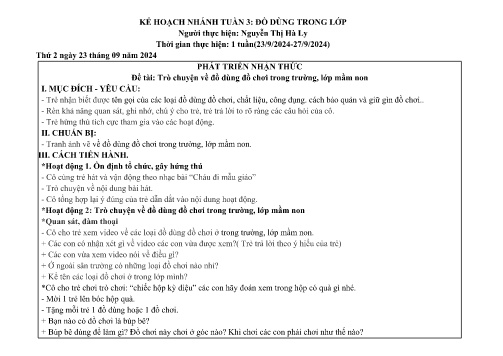 Giáo án Mầm non Lớp Chồi - Nhánh: Đồ dùng trong lớp - Năm học 2024-2025 - Nguyễn Thị Hà Ly