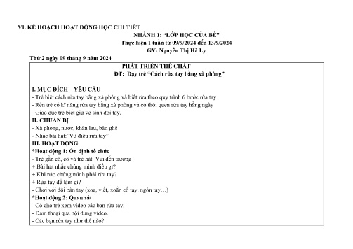 Giáo án Mầm non Lớp Chồi - Nhánh: Lớp học của bé - Năm học 2024-2025 - Nguyễn Thị Hà Ly