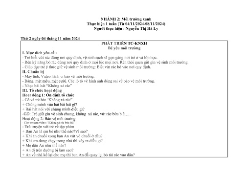 Giáo án Mầm non Lớp Chồi - Nhánh: Môi trường xanh - Năm học 2024-2025 - Nguyễn Thị Hà Ly