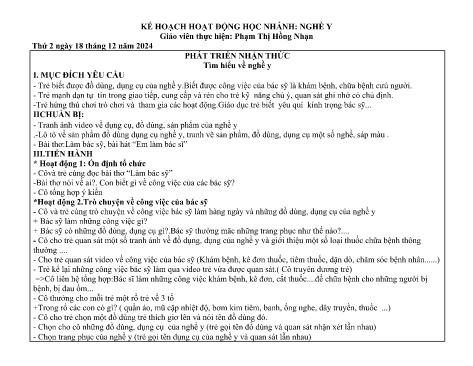 Giáo án Mầm non Lớp Chồi - Nhánh: Nghề y - Năm học 2024-2025 - Phạm Thị Hồng Nhạn