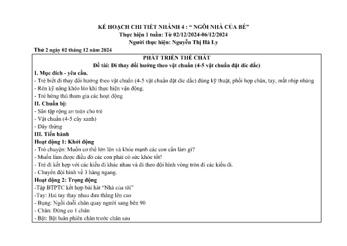 Giáo án Mầm non Lớp Chồi - Nhánh: Ngôi nhà của bé - Năm học 2024-2025 - Nguyễn Thị Hà Ly