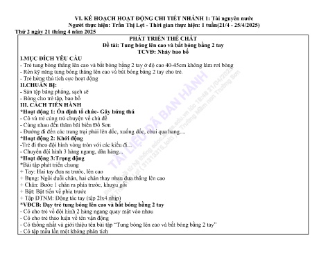 Giáo án Mầm non Lớp Chồi - Nhánh: Tài nguyên nước - Năm học 2024-2025 - Trần Thị Lợi