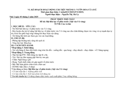 Giáo án Mầm non Lớp Chồi - Nhánh: Vườn hoa của bé - Năm học 2024-2025 - Nguyễn Thị Hà Ly