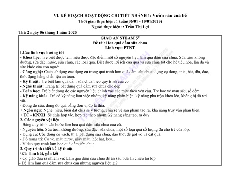 Giáo án Mầm non Lớp Chồi - Nhánh: Vườn rau của bé - Năm học 2024-2025 - Trần Thị Lợi